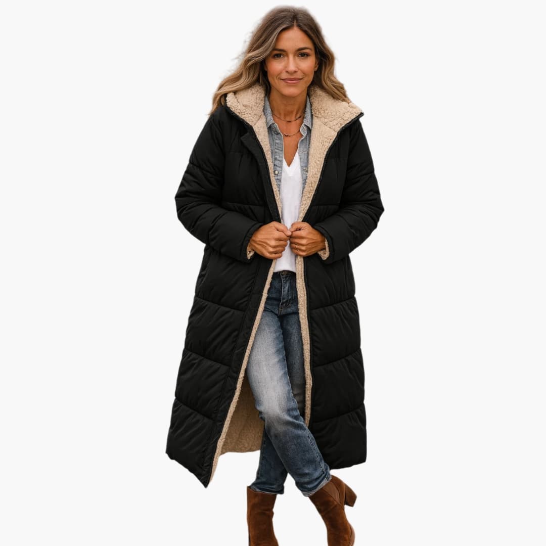 Women's black quilted puffer coat with fixed padded hood, full-zip closure, and lined interior
