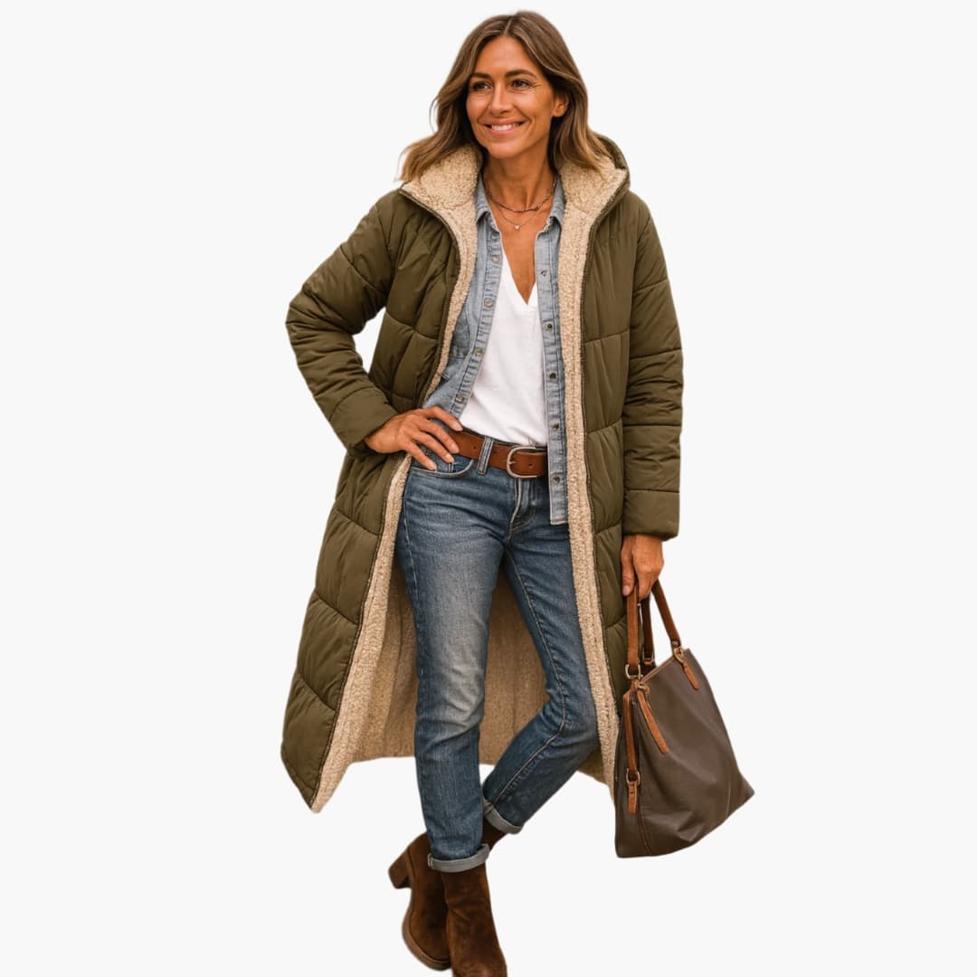 Women's black quilted puffer coat with fixed padded hood, full-zip closure, and lined interior