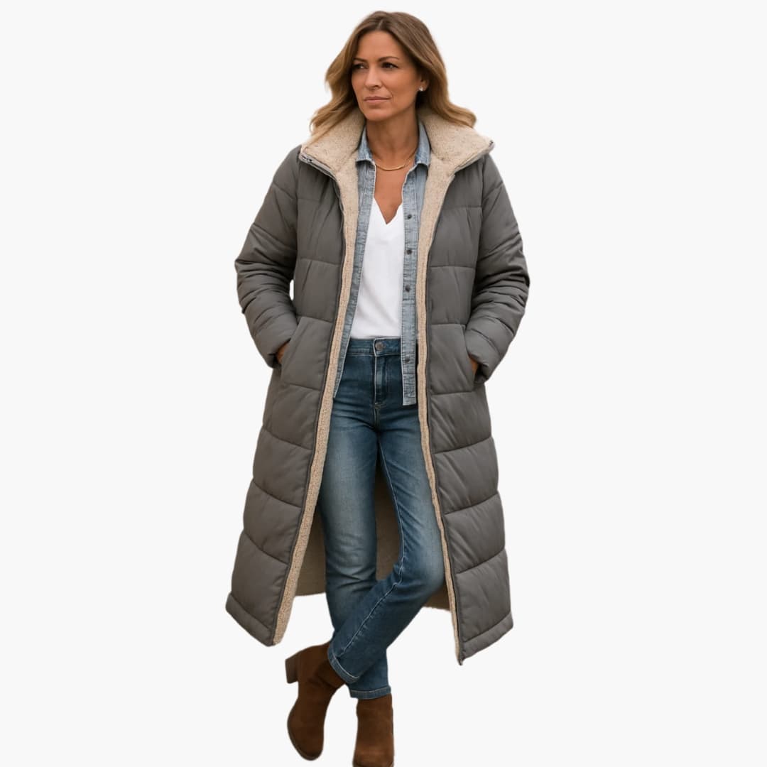 Women's black quilted puffer coat with fixed padded hood, full-zip closure, and lined interior