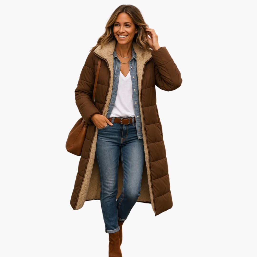 Women's black quilted puffer coat with fixed padded hood, full-zip closure, and lined interior