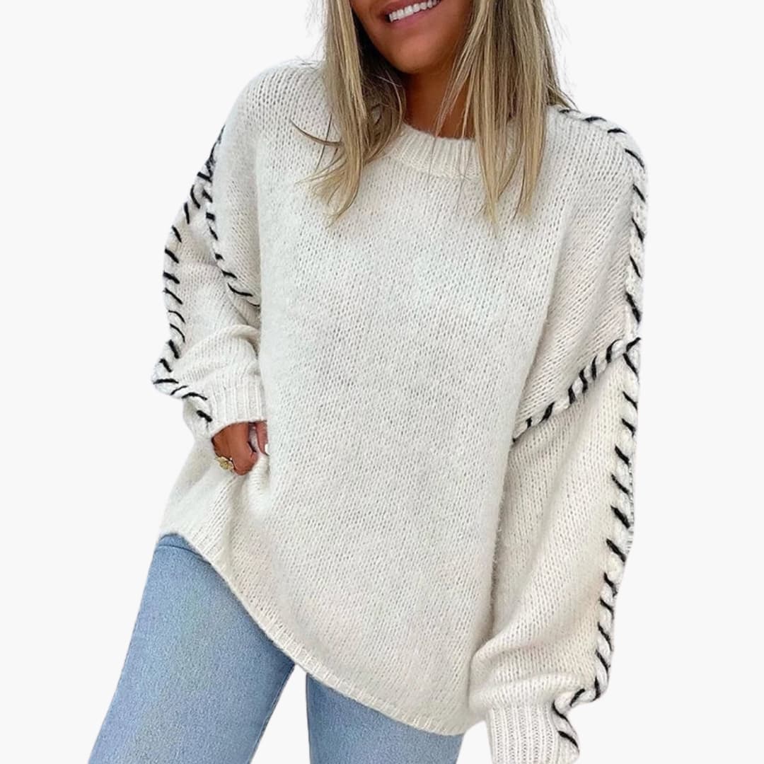 Women's round neck knit sweater with contrast seam detailing, long sleeves, versatile everyday style