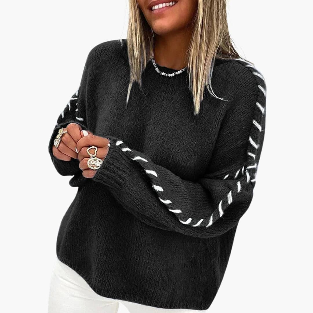 Women's round neck knit sweater with contrast seam detailing, long sleeves, versatile everyday style