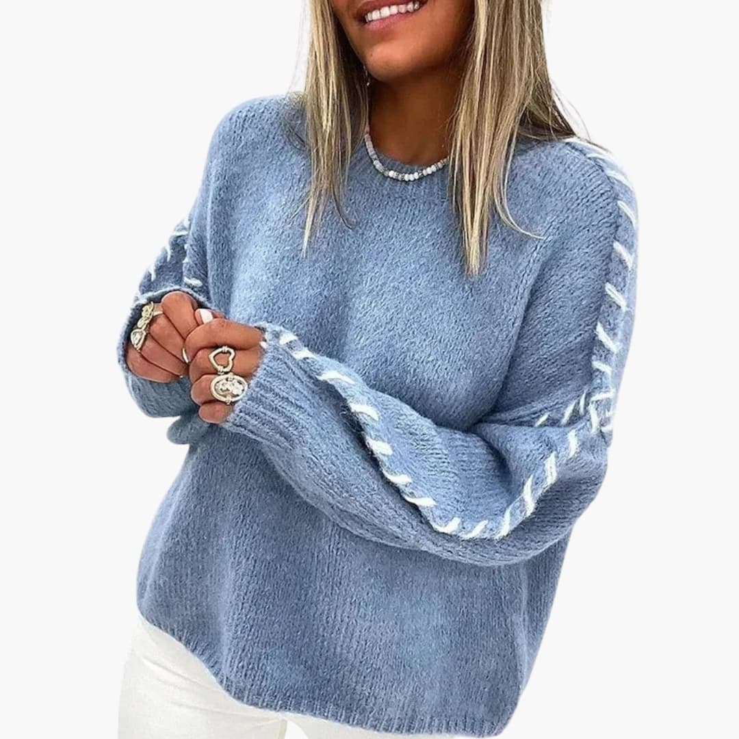 Women's round neck knit sweater with contrast seam detailing, versatile long-sleeve everyday essential