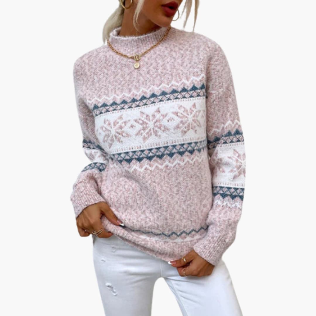 Women's Fair Isle knit pullover sweater with stand-up collar in multicolor cozy pattern