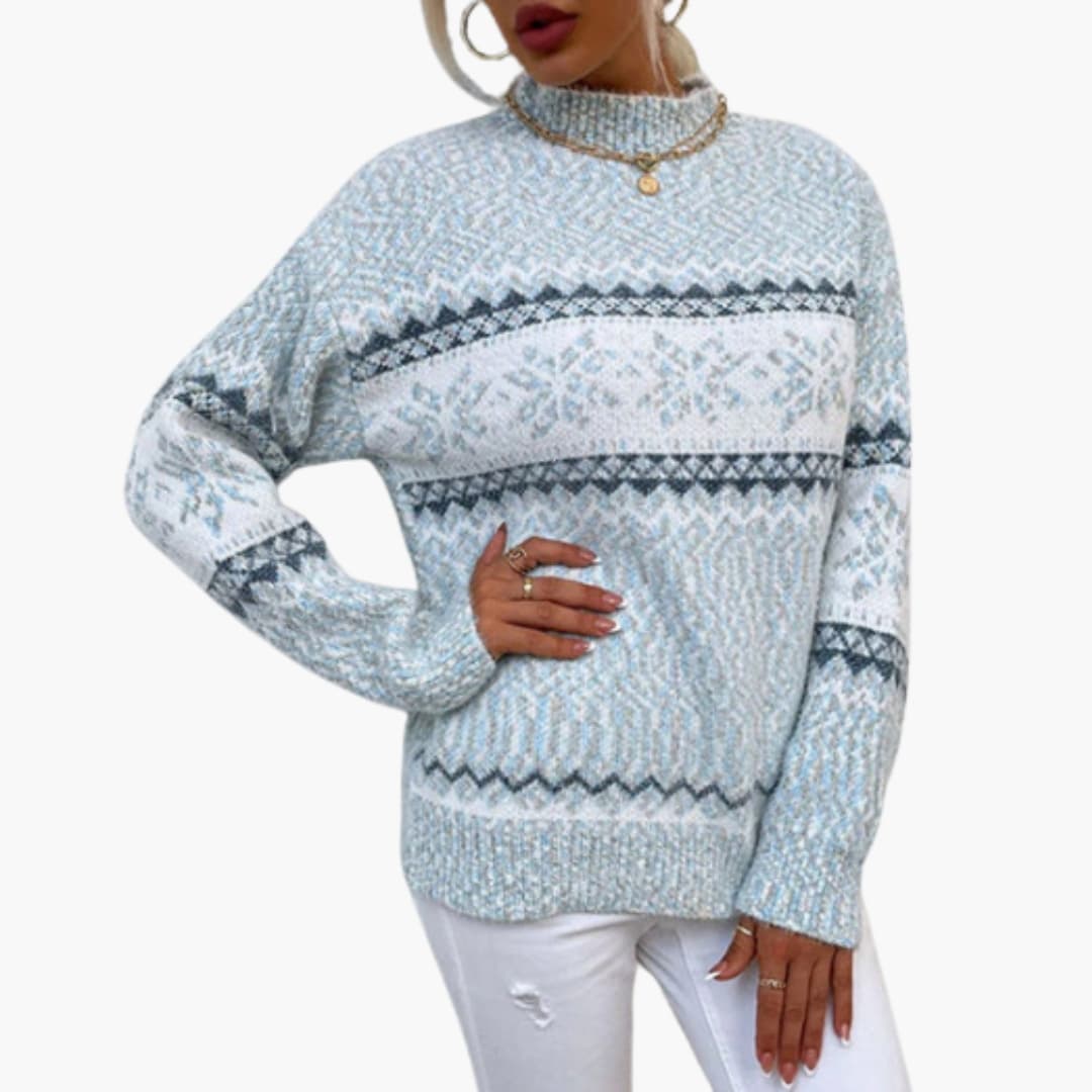 Women's Fair Isle knit pullover sweater with stand-up collar, cozy fit, multicolor pattern detail