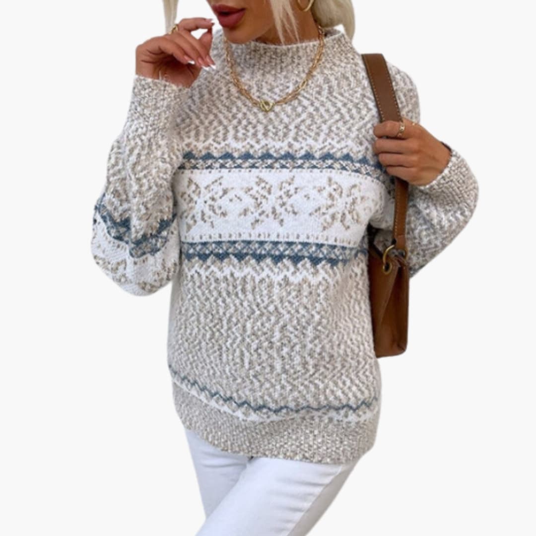 Women's Fair Isle knit pullover sweater with stand-up collar in cozy multicolor patterned style