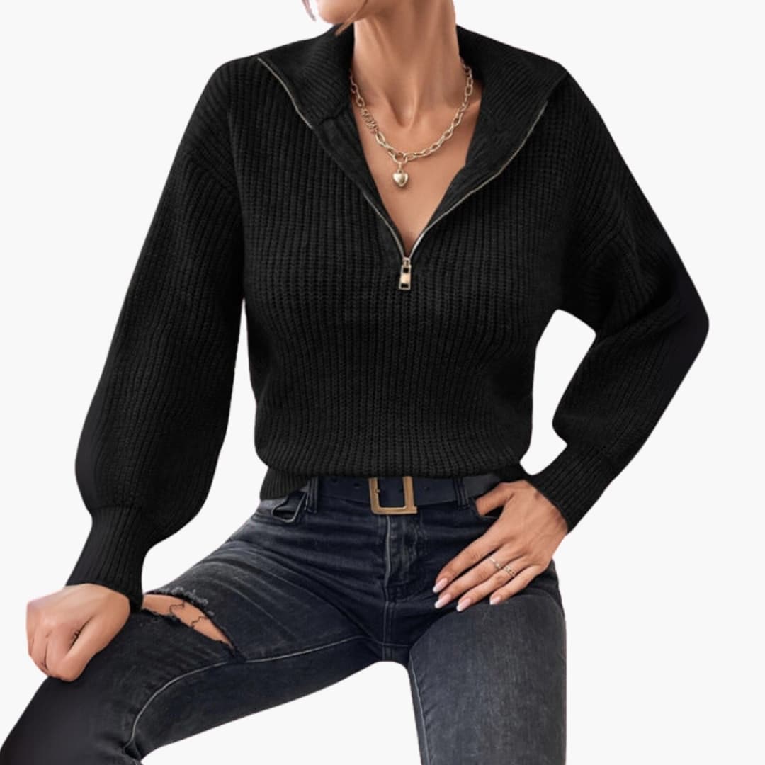 Women's ribbed knit half-zip sweater structured fit stand-up collar versatile everyday layering