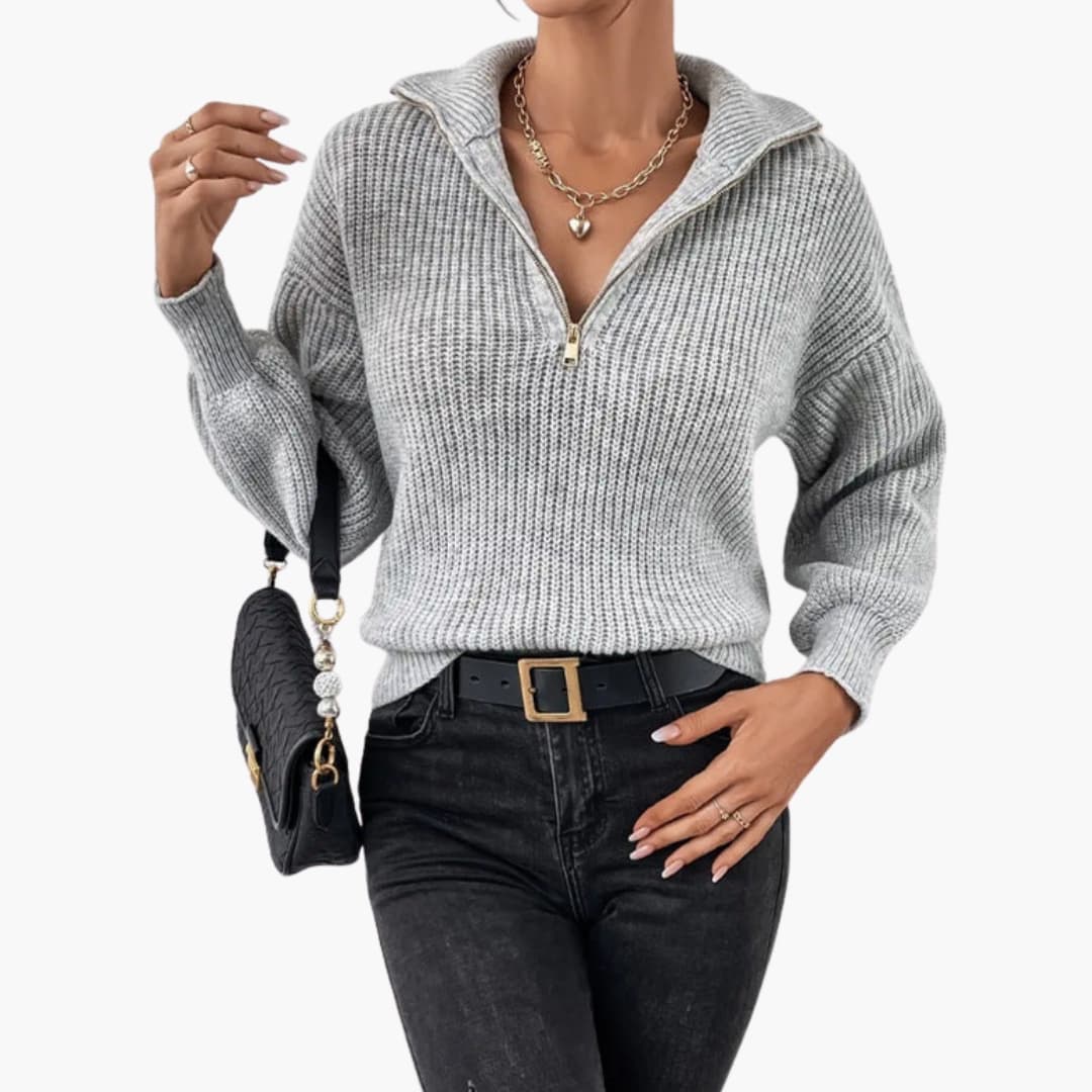 Women's ribbed knit half-zip sweater structured fit stand-up collar versatile everyday layering