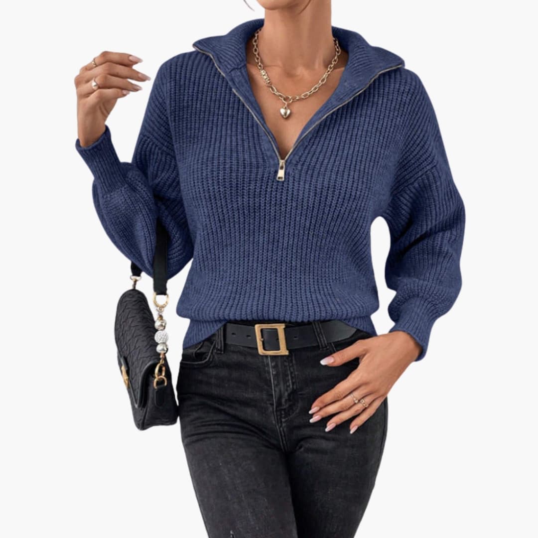 Women's ribbed knit half-zip sweater structured fit stand-up collar versatile everyday layer