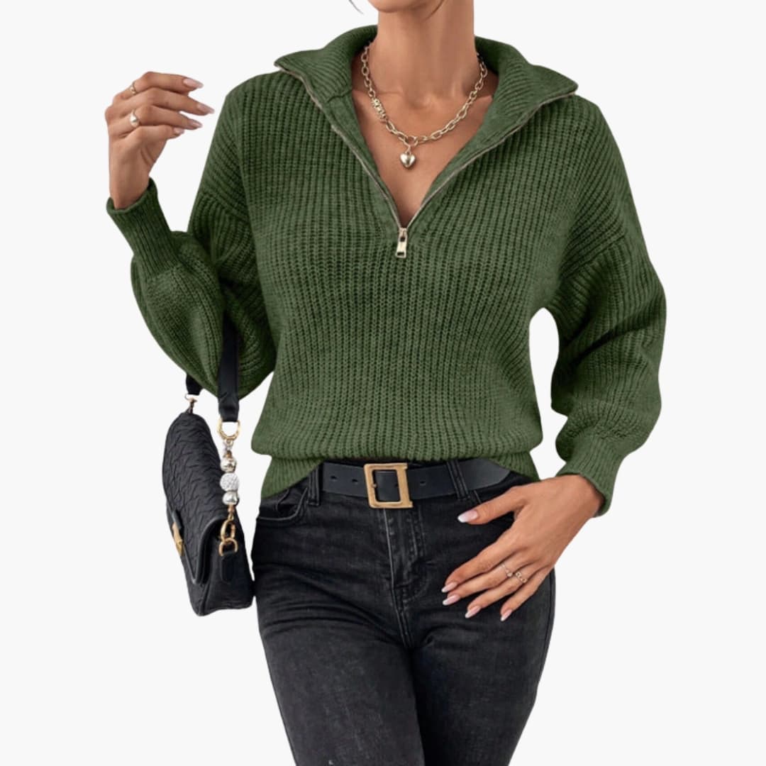 Women's ribbed knit half-zip sweater structured fit stand-up collar versatile everyday layering top