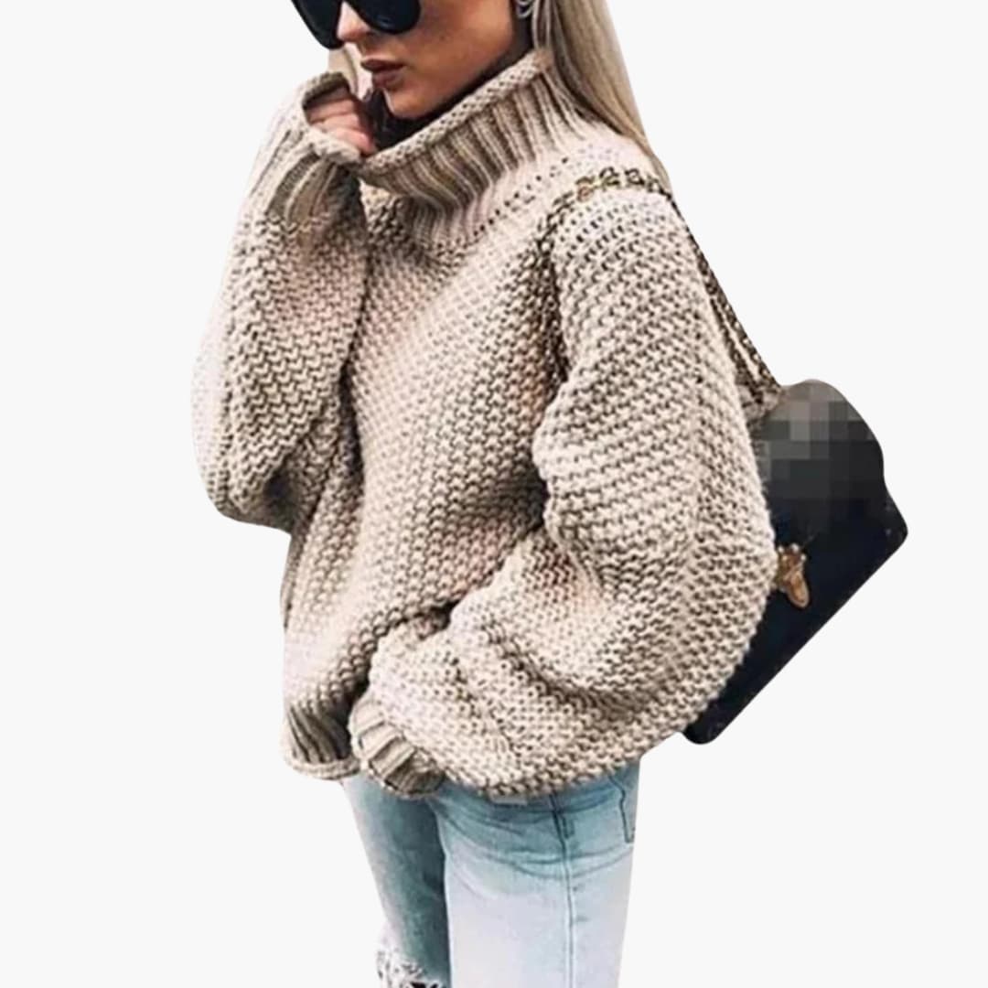 Women's roll neck knitted sweater with ribbed cuffs and hem, slip-on cozy everyday style