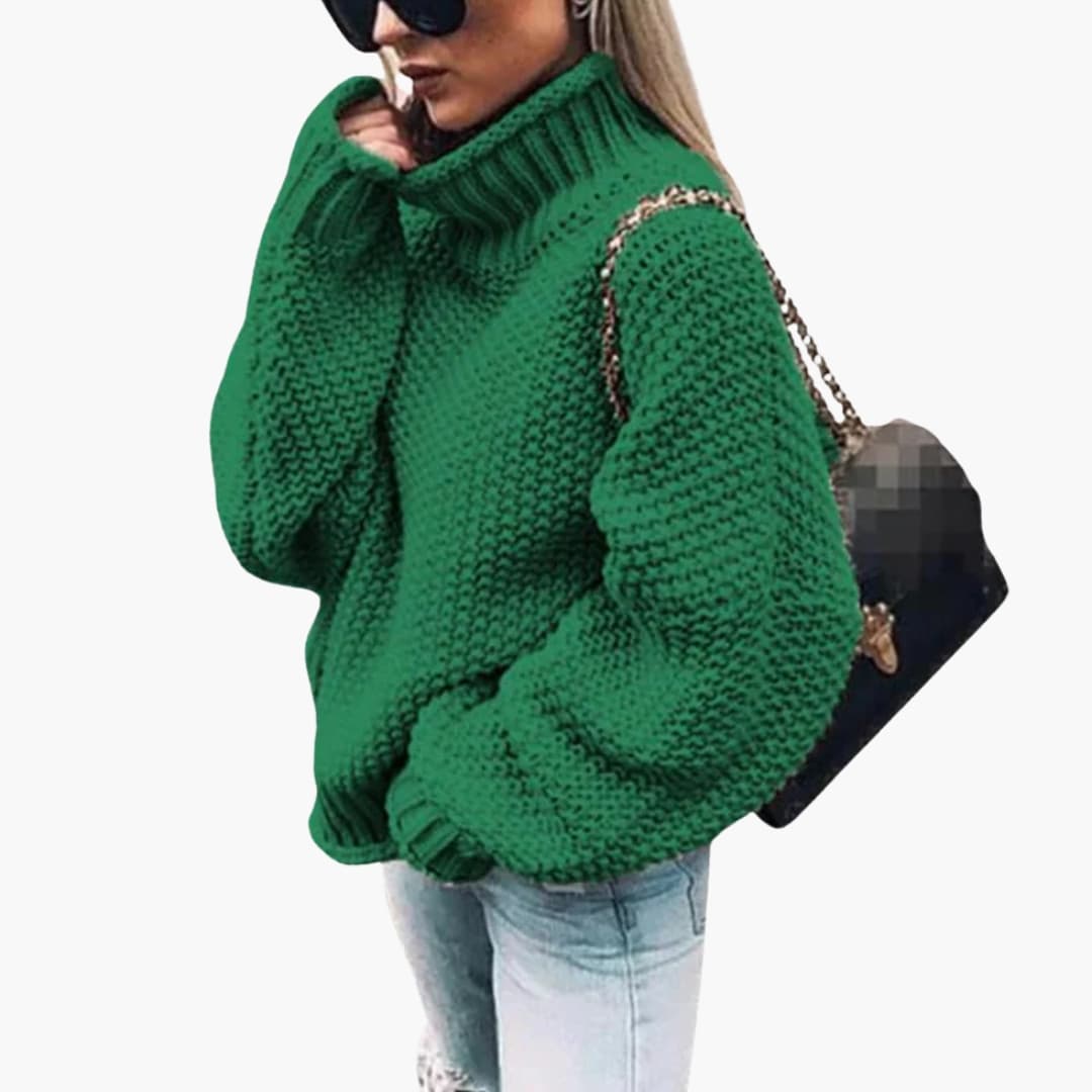 Women's roll neck knitted sweater slip-on style with ribbed cuffs and hem for cozy everyday wear