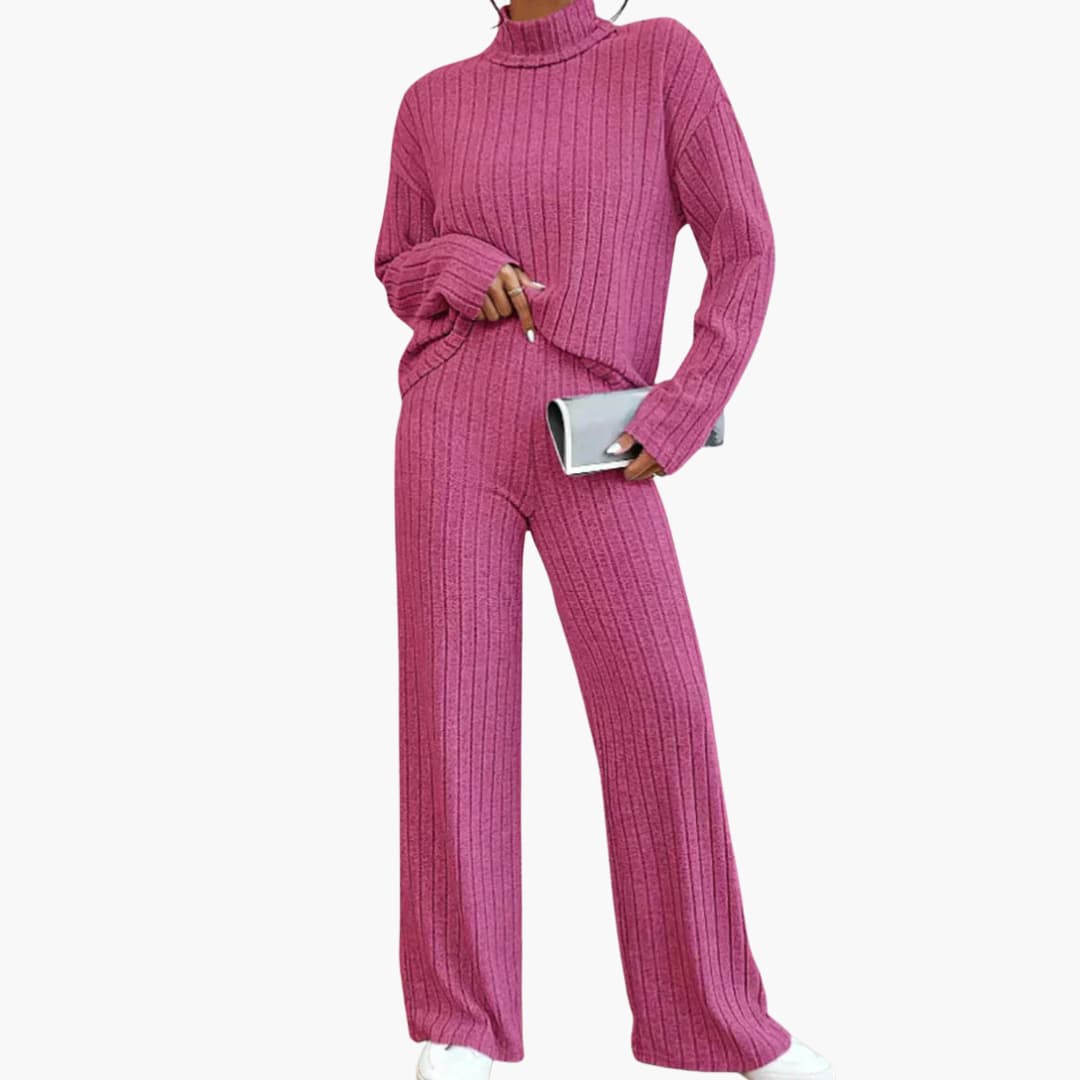 Women's ribbed knit turtleneck sweater and high-waisted pants set cozy two-piece winter outfit