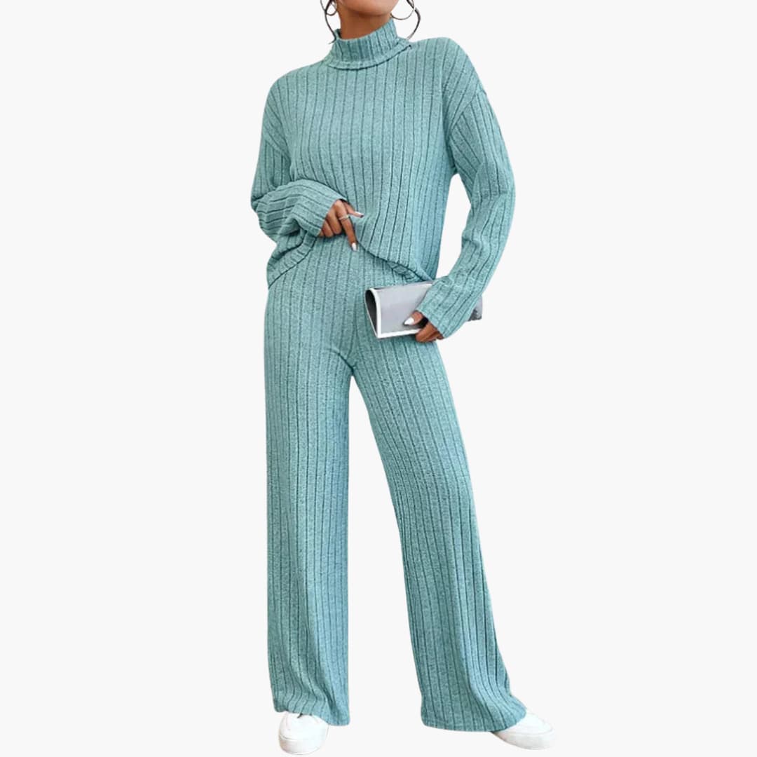 Women's ribbed knit turtleneck sweater and high-waisted pants set cozy two-piece winter outfit