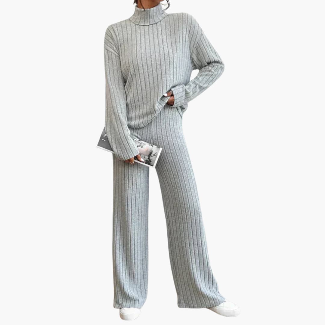 Women's ribbed knit turtleneck sweater and high-waisted pants set cozy two-piece winter outfit