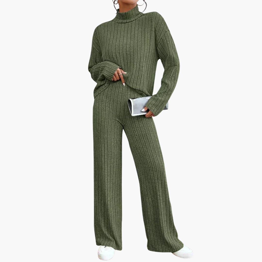 Women's ribbed knit turtleneck sweater and high-waisted pants set cozy two-piece winter outfit