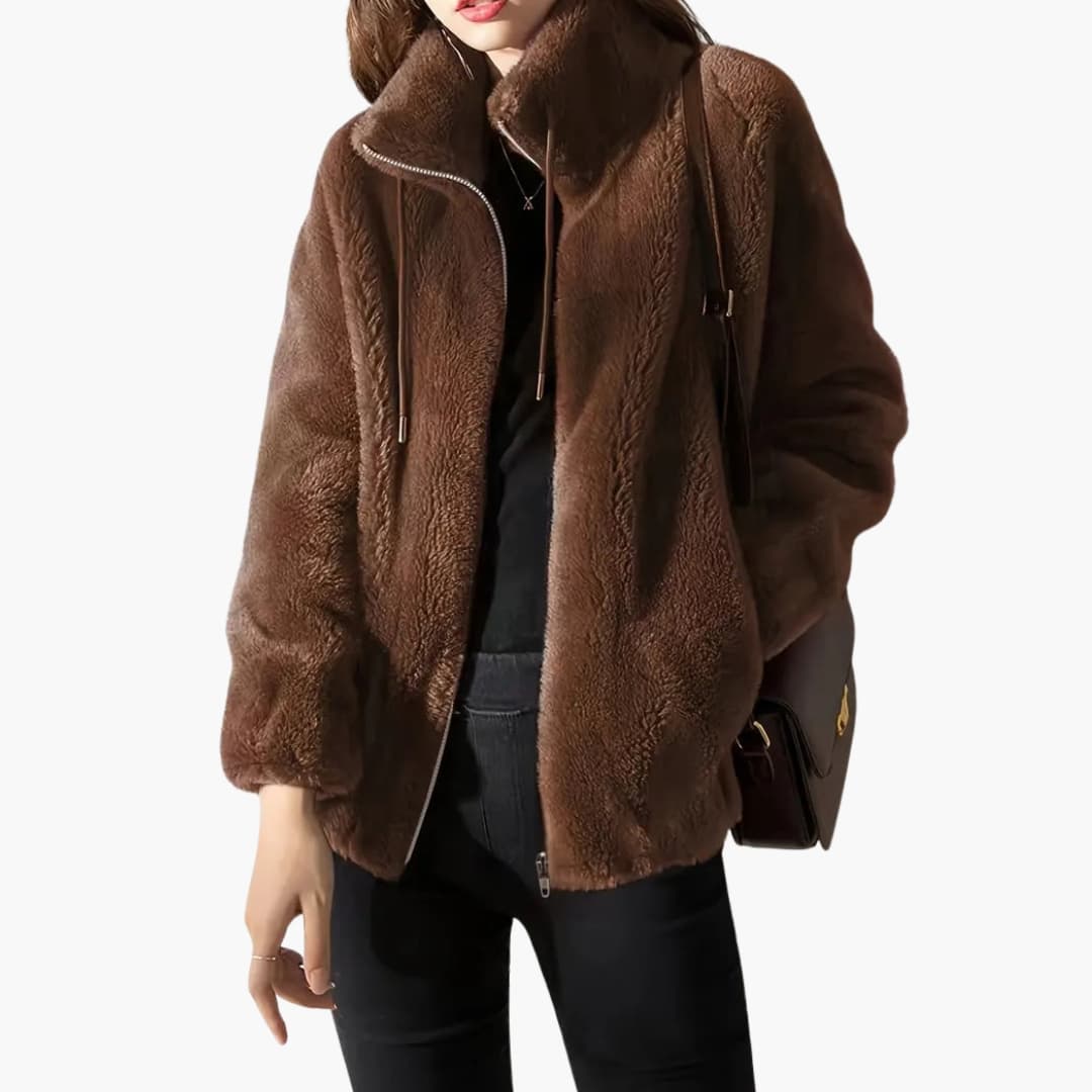 Women's beige teddy coat high collar zip-up drawstring hem plush fur texture straight cut