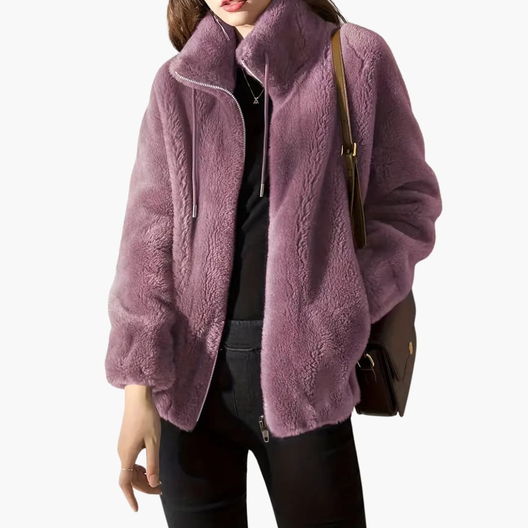 Women's beige teddy coat high collar plush fur texture zip closure drawstring hem straight cut