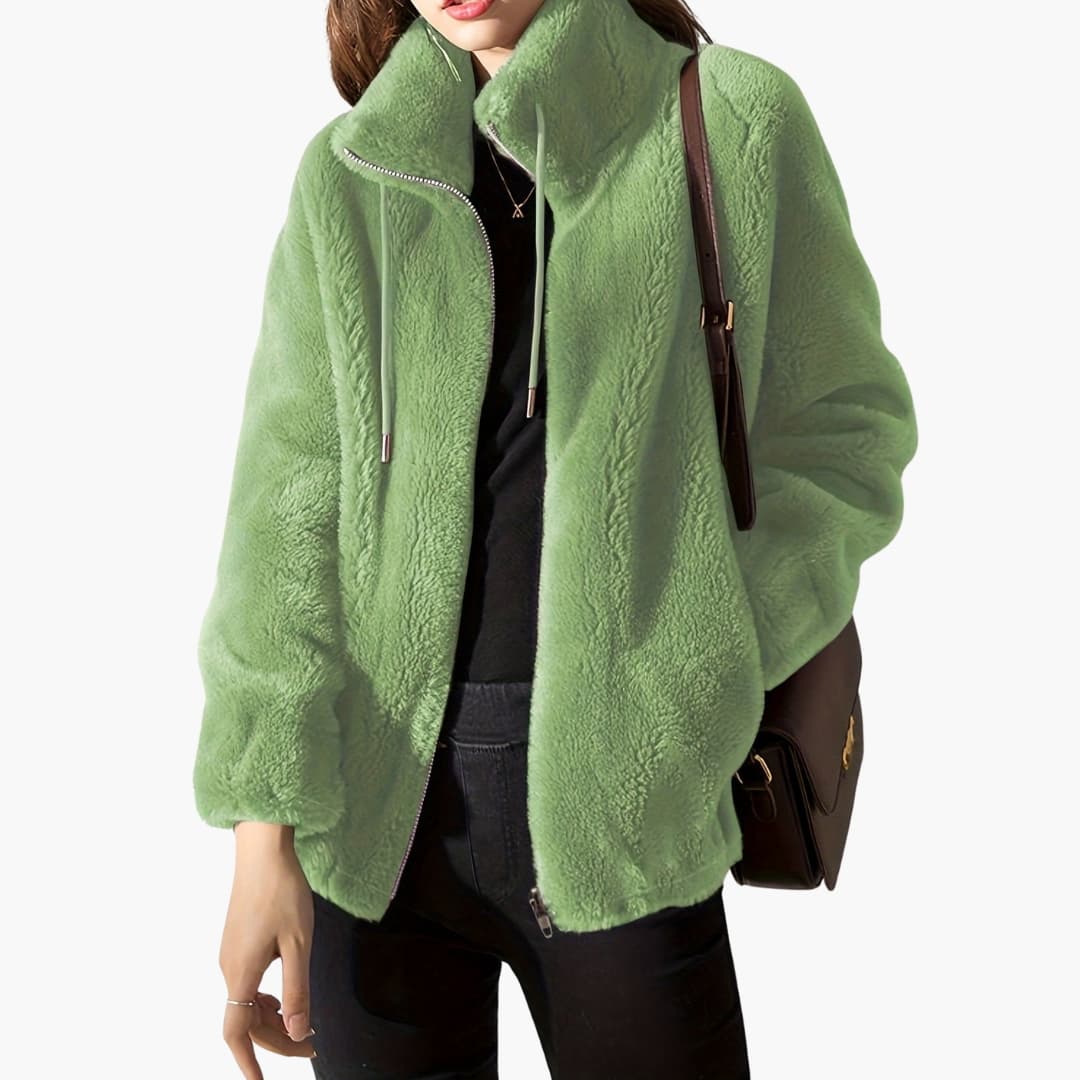 Women's beige teddy coat high collar plush fur texture zipper drawstring hem straight cut