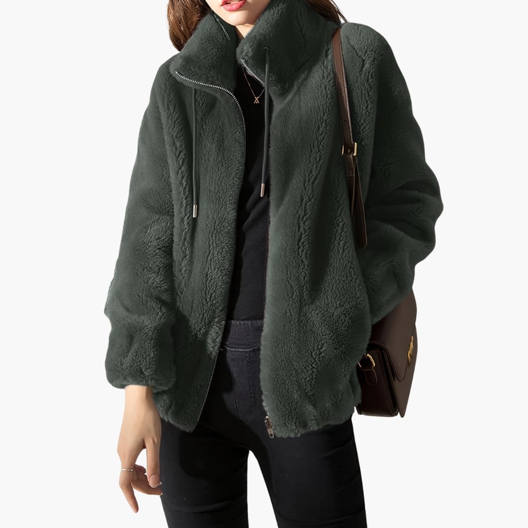 Women's beige teddy coat high collar zip-up drawstring hem plush fur texture straight cut