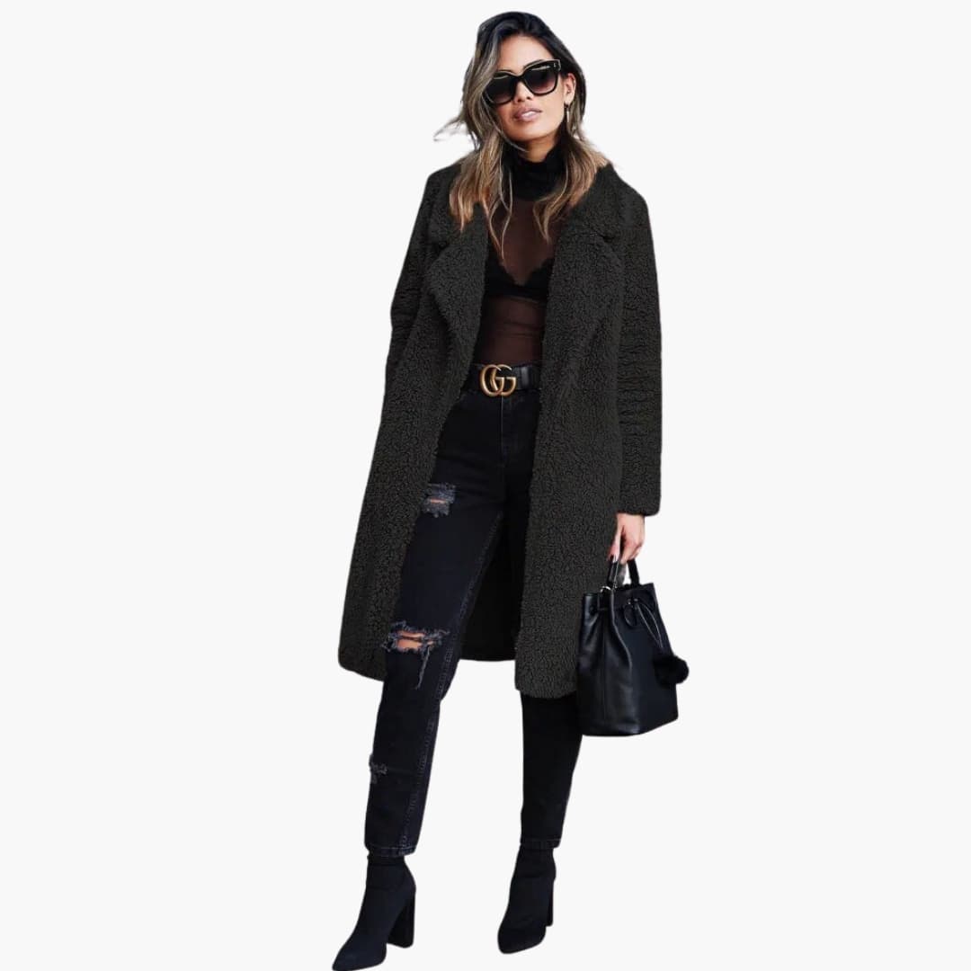 Women's long teddy coat wide notched collar open front camel plush fabric warm winter layering style