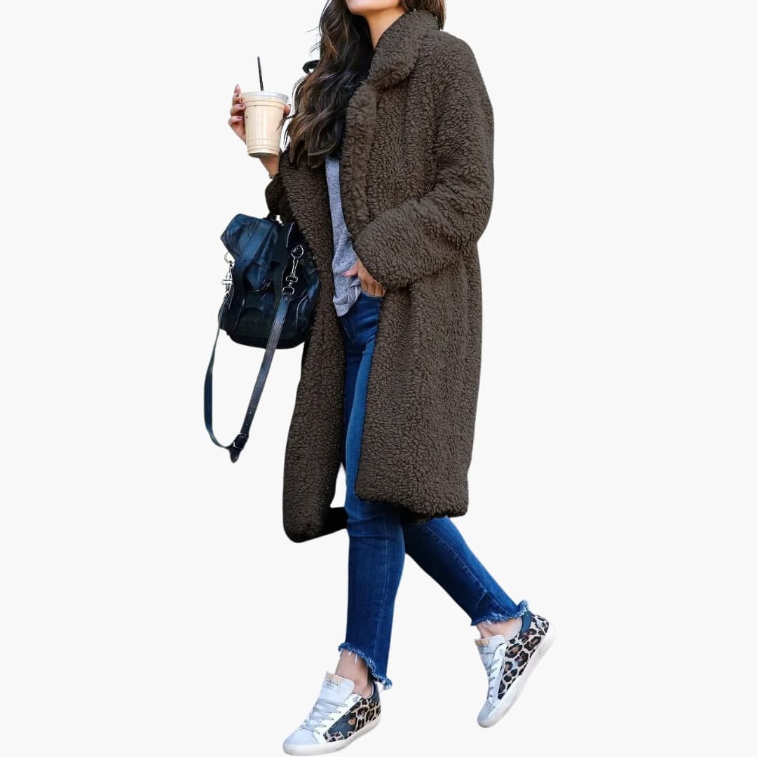 Women's long teddy coat wide notched collar open-front warm winter layering style