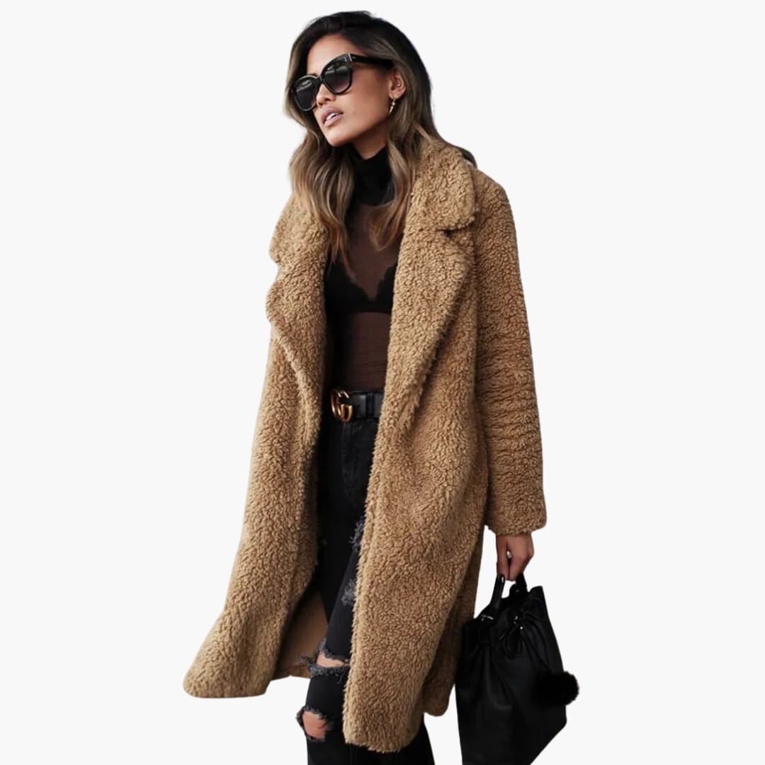 Women's long camel teddy coat wide notched collar open front cozy faux fur layering winter style