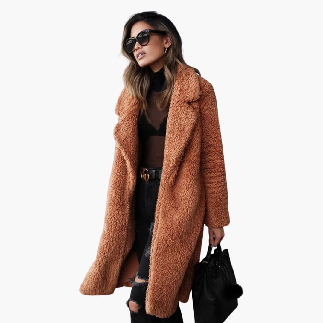 Women's long teddy coat wide notched collar open-front warm winter layering outerwear cozy structured fit