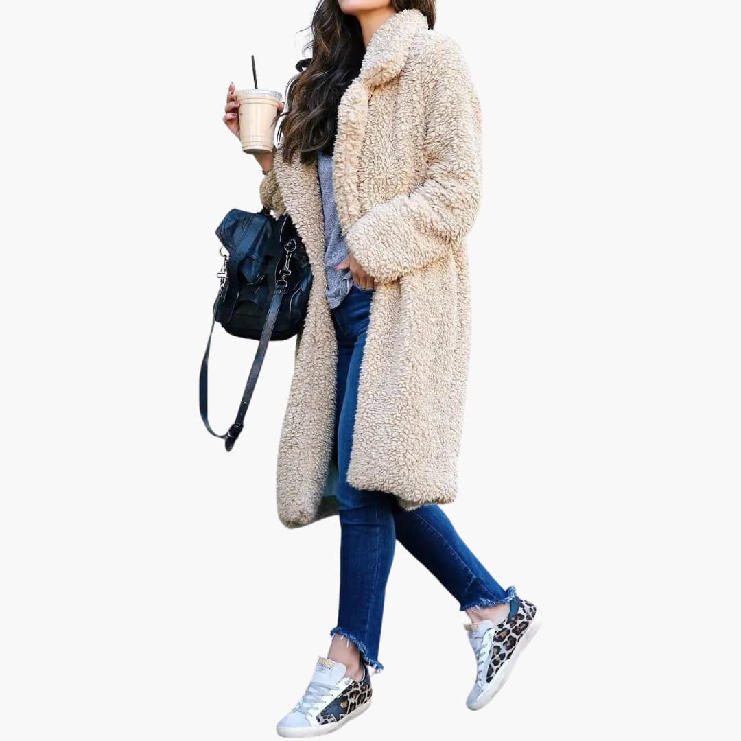 Women's long teddy coat wide notched collar open front pockets warm winter layering style