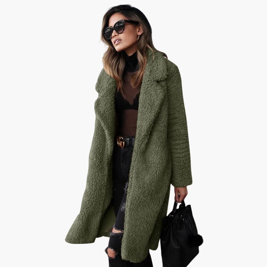 Women's long teddy coat wide notched collar open front warm winter layering style camel beige