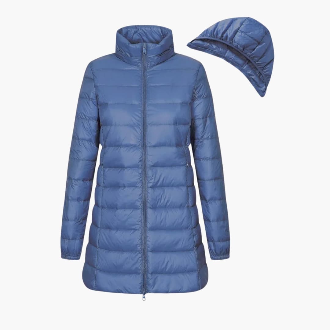 Women's extended-length hooded winter coat with full-front zipper, streamlined silhouette for cold weather