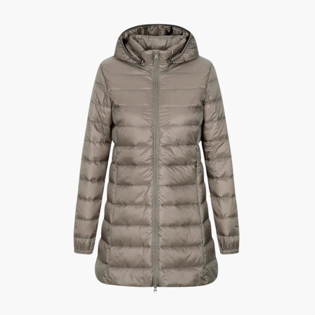 Women's hooded winter coat extended length full-zip high collar warm layering jacket