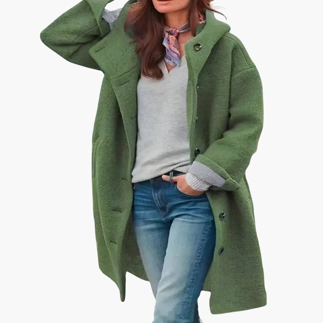 Women's knee-length winter coat with wide revers collar, button closure, side pockets, warm everyday style