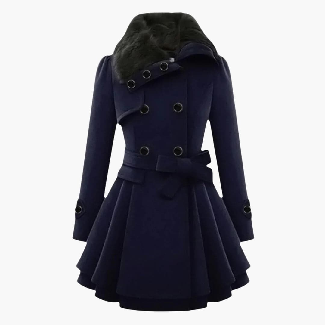 Women's belted winter coat faux fur collar double-button closure structured silhouette warm outerwear
