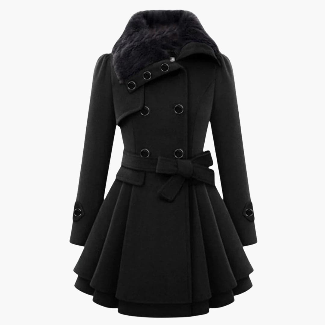 Women's winter coat with belt, textured collar, flared hem, button closure, long sleeves, structured fit