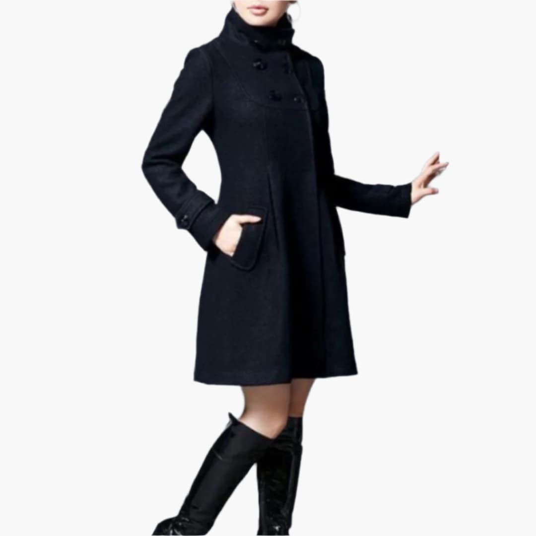 Women's knee-length hooded wool coat with double-row button closure and raised collar