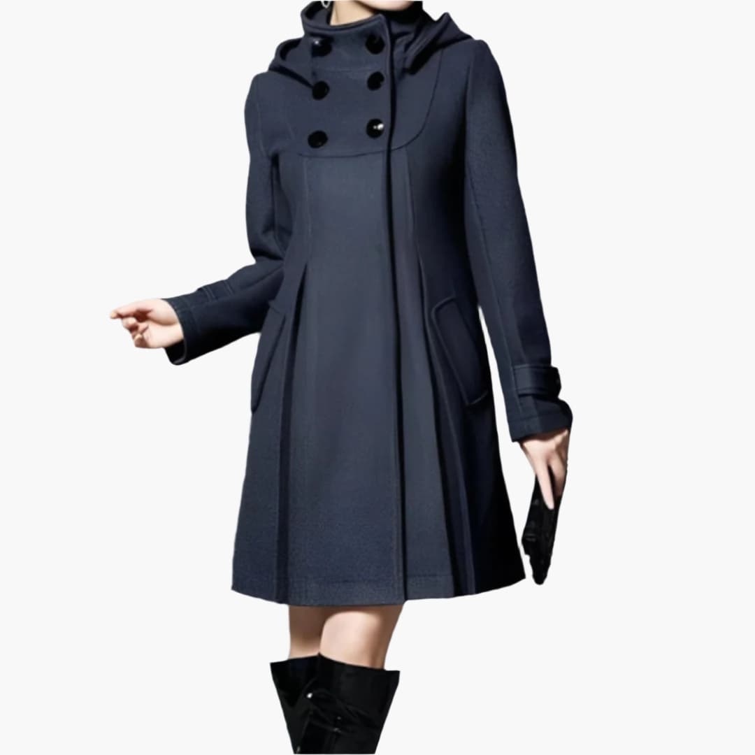 Women's knee-length hooded coat with double-row button closure and raised collar for winter