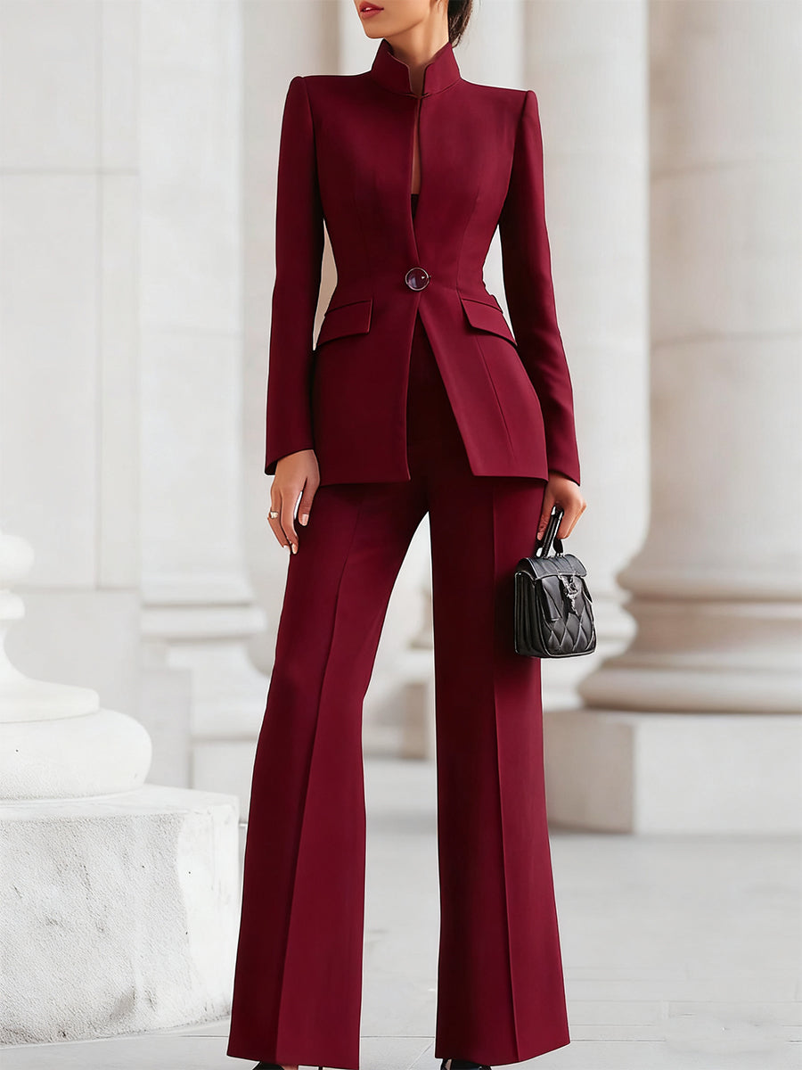 Women's tailored two-piece blazer suit with single button closure, structured fit for office wear