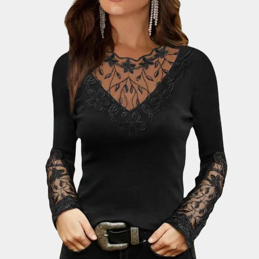 Women's white lace blouse deep V-neckline soft lightweight elegant everyday top
