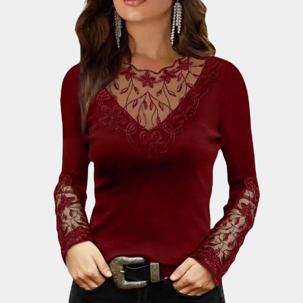 Women's white lace blouse deep V-neckline elegant lightweight bodice chic everyday wear