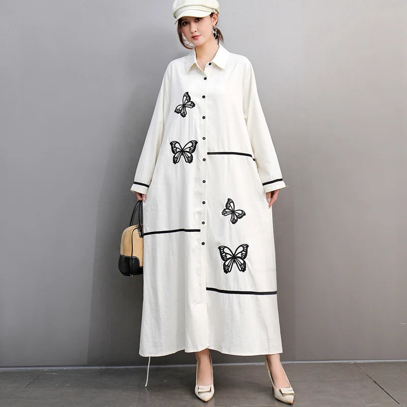 White women's long-sleeve blouse with delicate butterfly embroidery, elegant everyday style