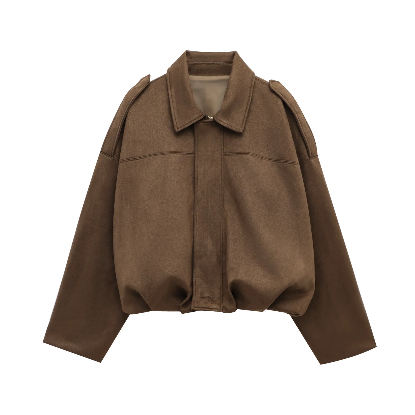 Women's brown suede bomber jacket casual retro-inspired zip-up with soft premium finish
