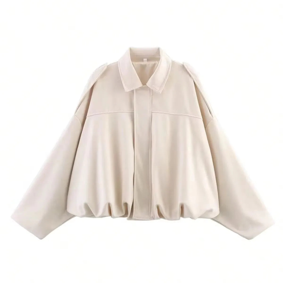 Women's beige suede bomber jacket with retro-inspired cut and front zipper closure