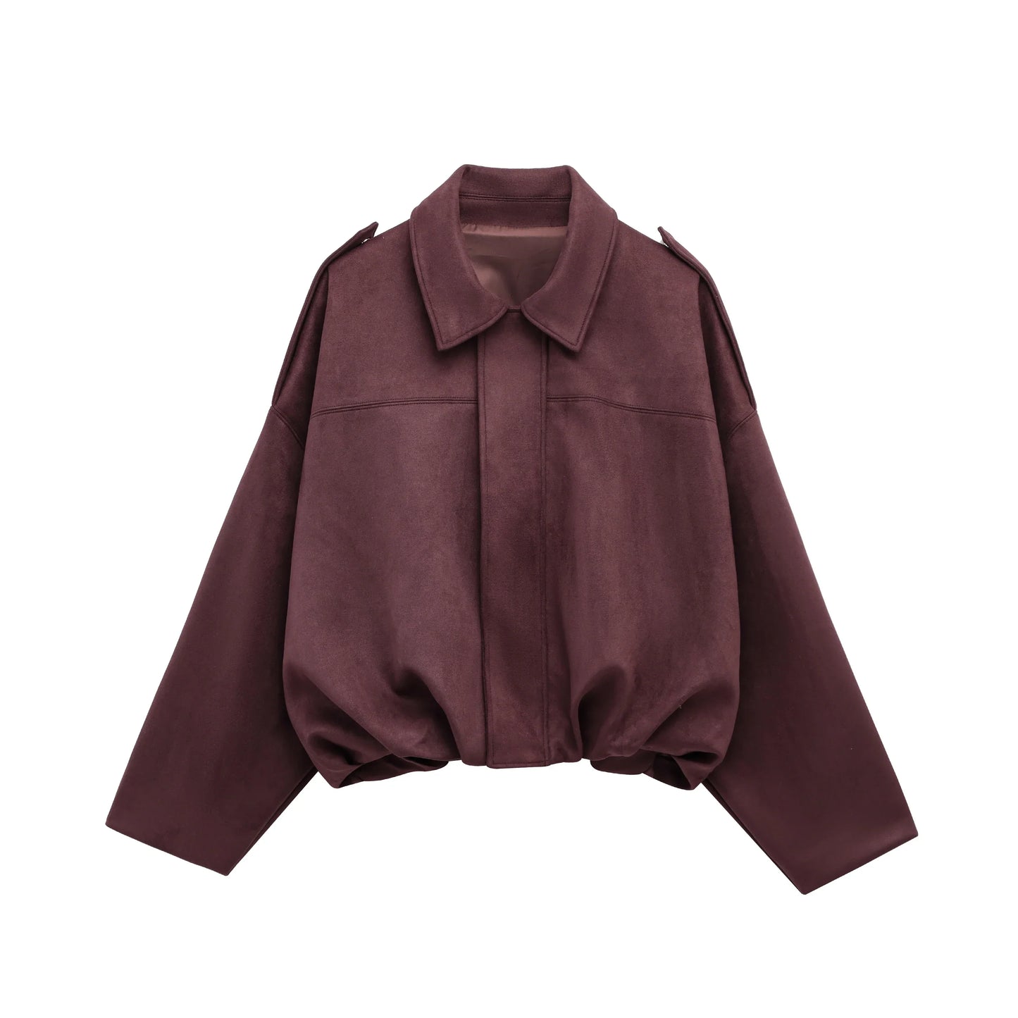 Women's brown suede bomber jacket with ribbed cuffs, retro-inspired casual fit for everyday wear