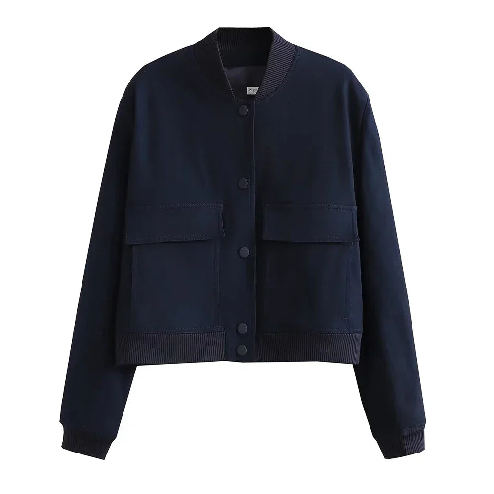 Women's vintage bomber jacket with pockets, relaxed comfortable fit, casual modern everyday style