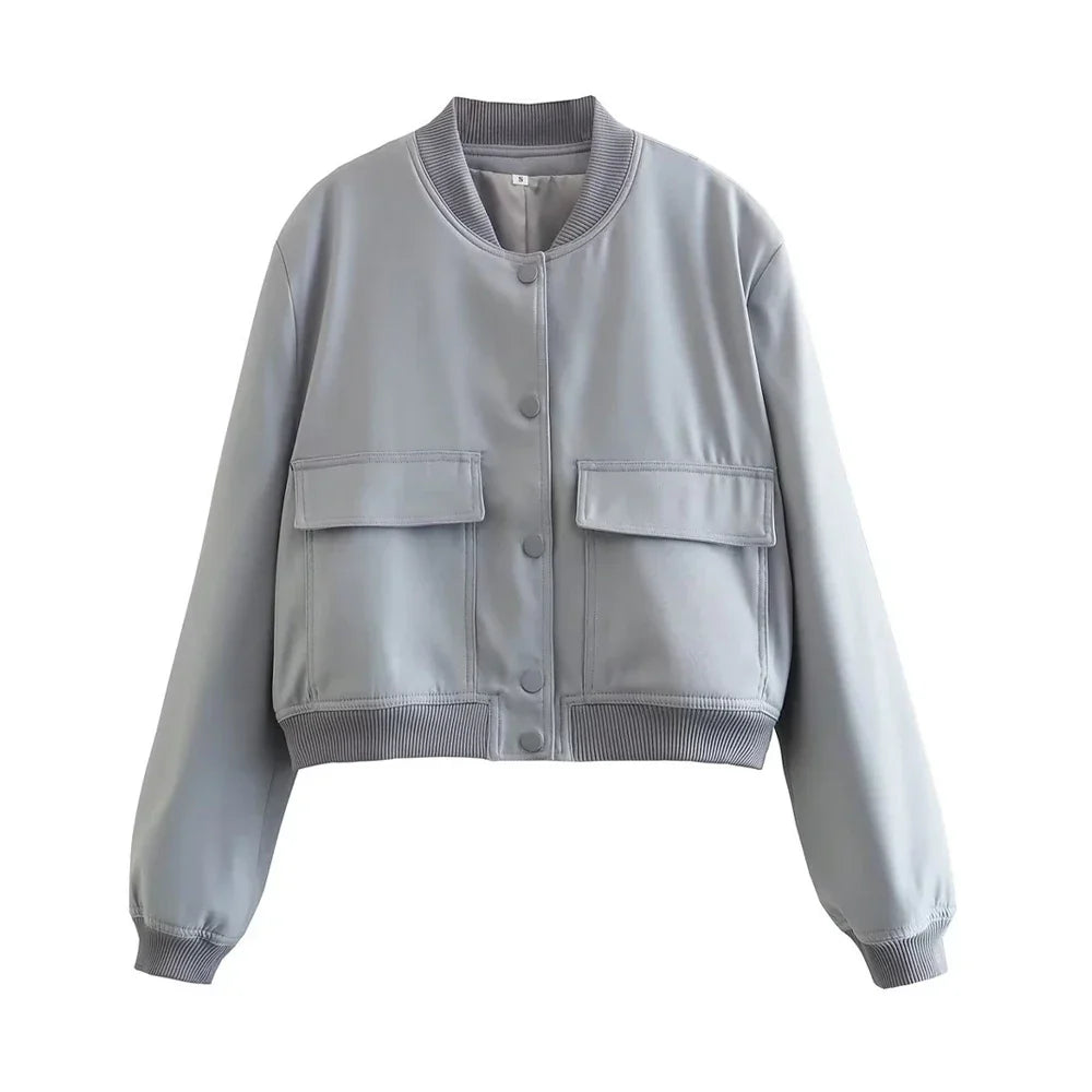 Women's vintage bomber jacket with pockets, relaxed modern fit, everyday casual style