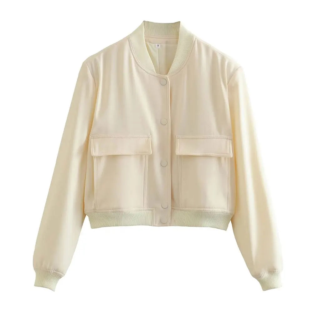 Women's vintage bomber jacket with pockets, relaxed modern fit, casual everyday style in neutral tones