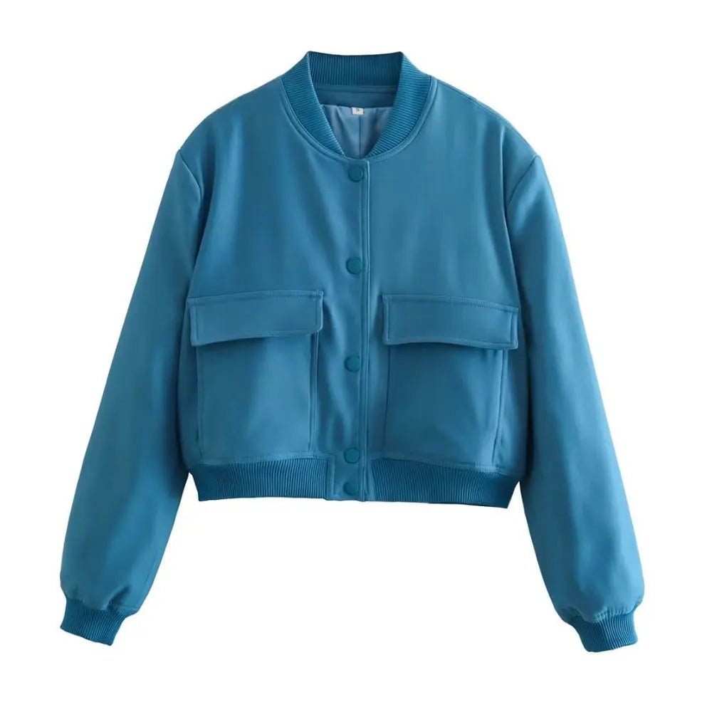 Women's vintage bomber jacket with pockets, relaxed modern fit, casual everyday style for women
