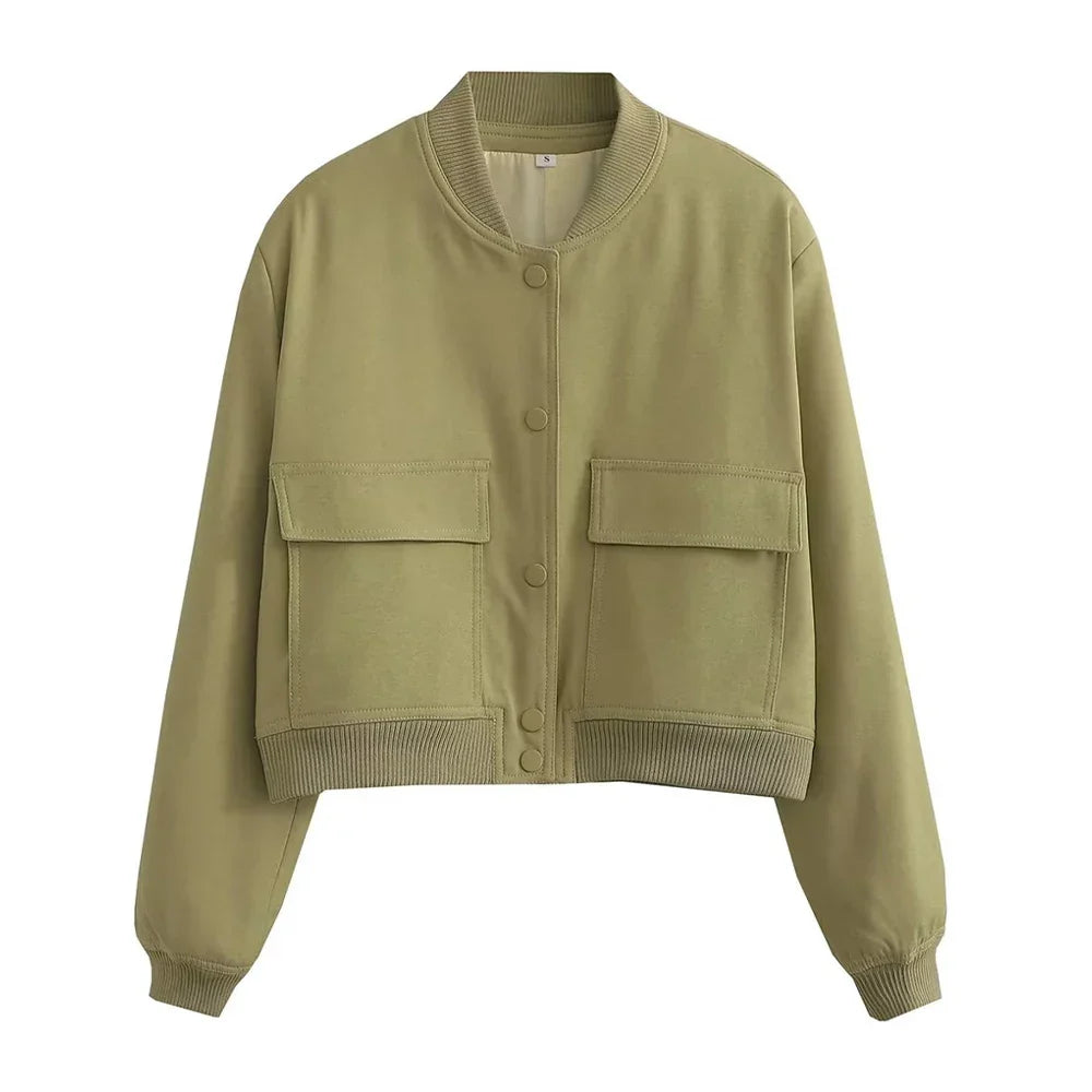 Women's vintage bomber jacket with pockets, relaxed modern fit, everyday casual style
