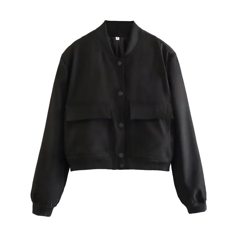 Women's vintage bomber jacket with pockets, relaxed modern fit, casual everyday style in neutral tones